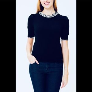 Karl Lagerfeld ~Pearl-Embellished Short-Sleeve Sweater Knit T-shirt M